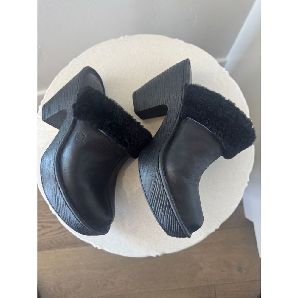 Born Women’s Black Leather Shearling-Trim Platform Mules Slip On Shoes Size 6 - Picture 3 of 11